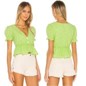 🍀 Line + Dot Willow Short Sleeve Eyelet Peplum Blouse Top Neon Green Women’s M